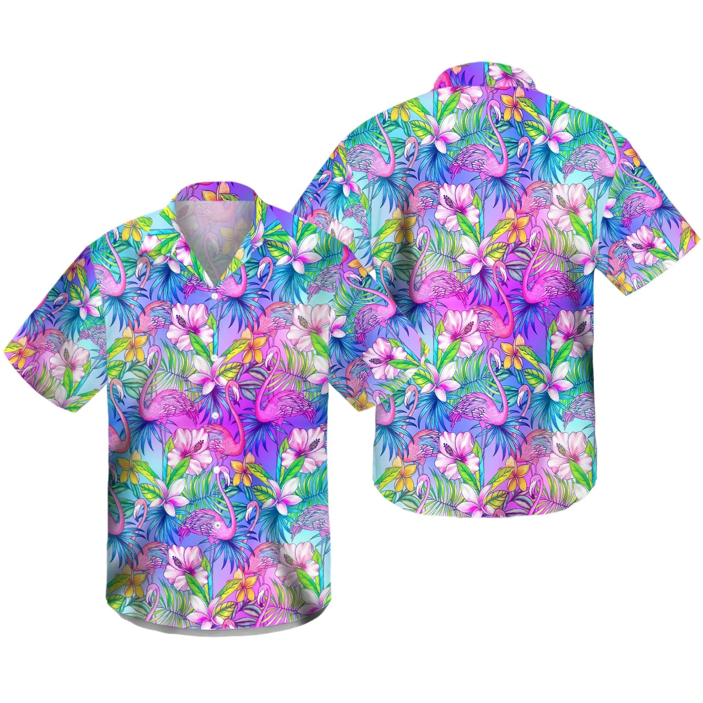 Pink Flamingo Hawaiian Shirt | Tropical Botanical Aloha Print | Lightweight Breathable Fabric | Summer Vacation Beach Gift For Men