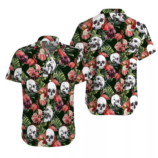 Tropical Skull Hawaiian Shirt | Flamingo Botanical Print | Premium Summer Aloha Top | Gothic Beachwear Gift for Men and Women