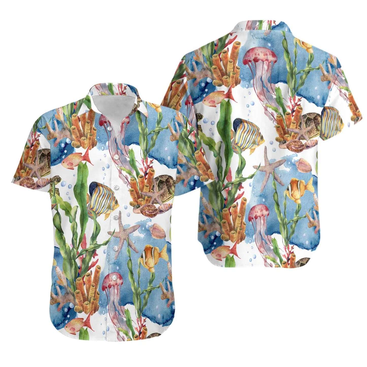 Coral Reef Hawaiian Shirt | Watercolor Marine Life Tropical Print | Lightweight Casual Button Down | Summer Beach Vacation Gift