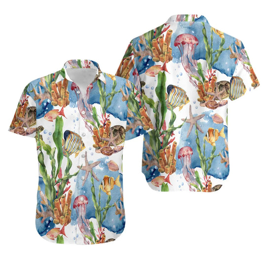 Coral Reef Hawaiian Shirt | Watercolor Marine Life Tropical Print | Lightweight Casual Button Down | Summer Beach Vacation Gift