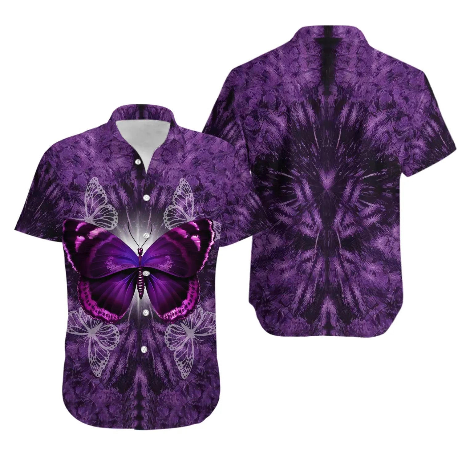 Purple Butterfly Hawaiian Shirt | Tropical Botanical Print | Lightweight Summer Aloha Apparel | Gift for Butterfly Lovers