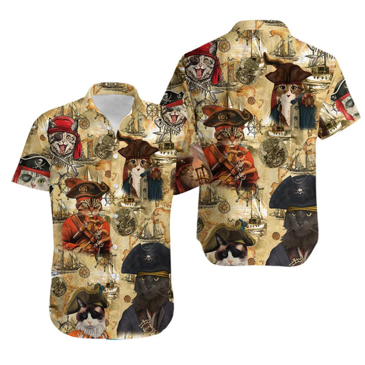 Pirate Cat Hawaiian Shirt | Vintage Nautical Map Print | Lightweight Breathable Fabric | Funny Pet Lover Gift For Him
