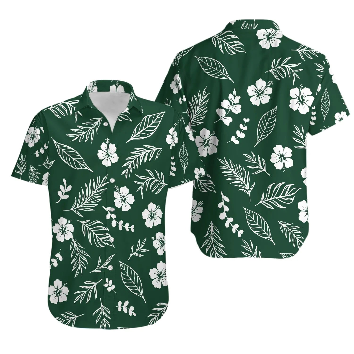 Dark Green Hawaiian Shirt | White Hibiscus Floral Print | Lightweight Summer Resort Wear | Unisex Vacation Beach Gift