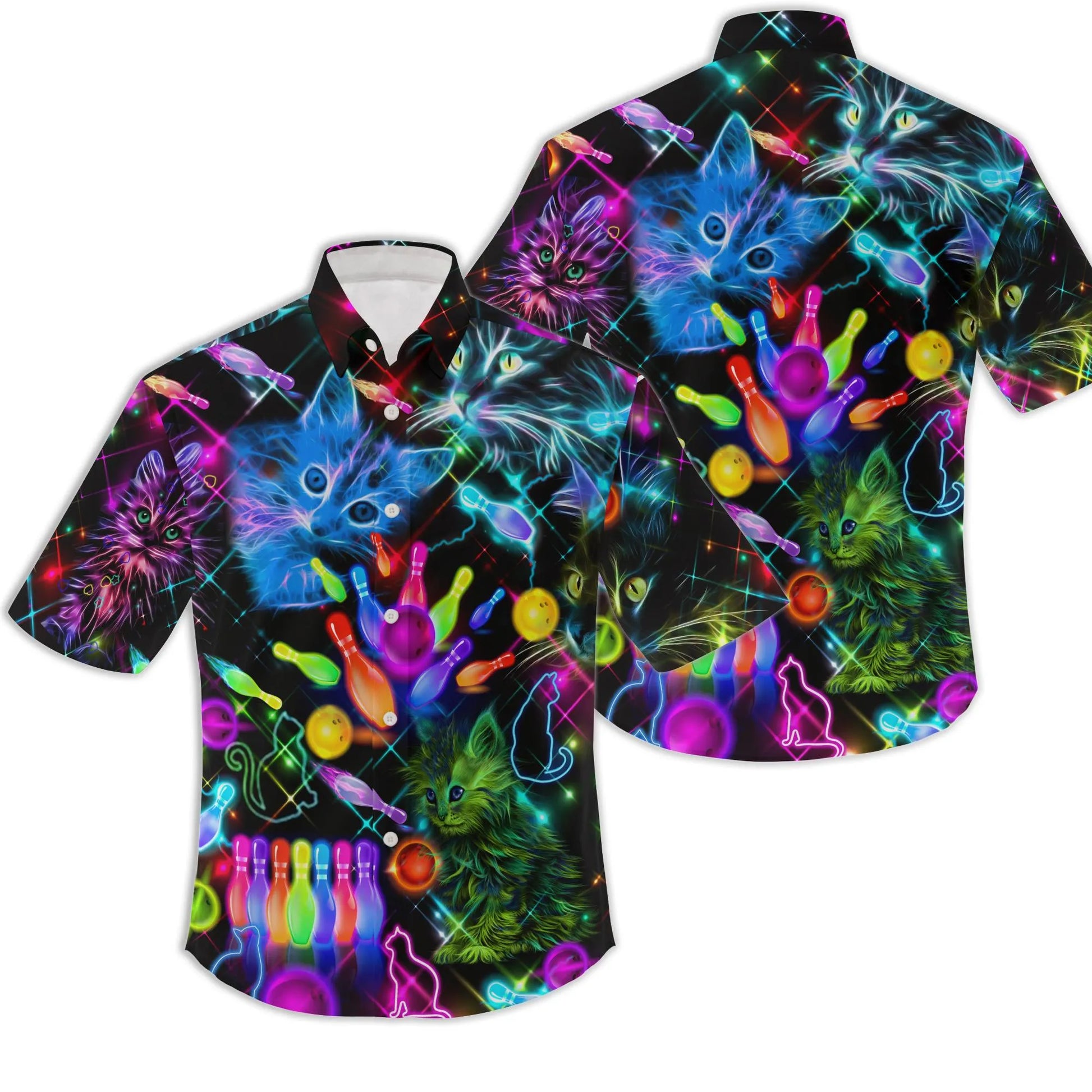 Bowling Cat Hawaiian Shirt | Neon Glow Kittens & Pins Print | Lightweight Summer Aloha Top | Fun Gift for Bowlers & Cat Lovers