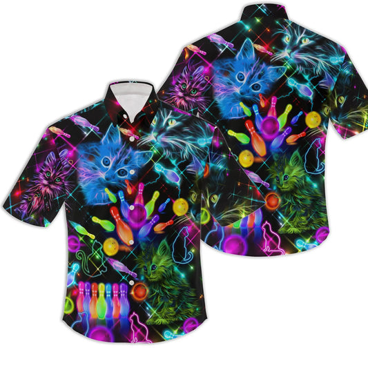 Bowling Cat Hawaiian Shirt | Neon Glow Kittens & Pins Print | Lightweight Summer Aloha Top | Fun Gift for Bowlers & Cat Lovers