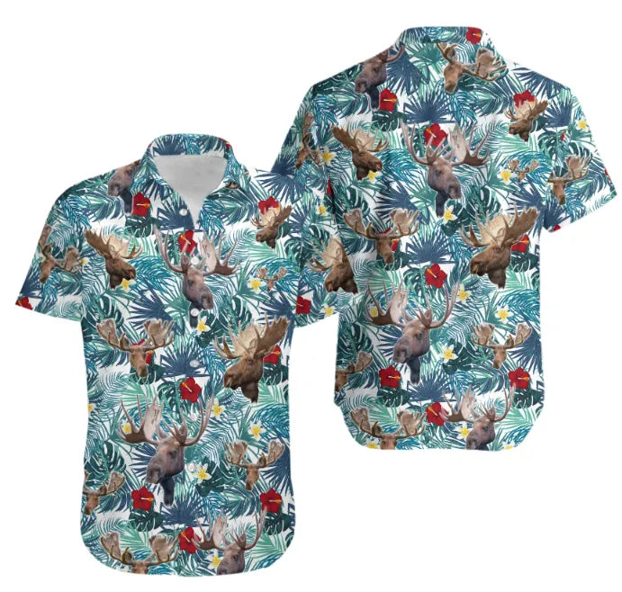 Moose Hawaiian Shirt | Tropical Floral & Wildlife Pattern | Lightweight Summer Aloha Apparel | Unique Gift for Nature Lovers