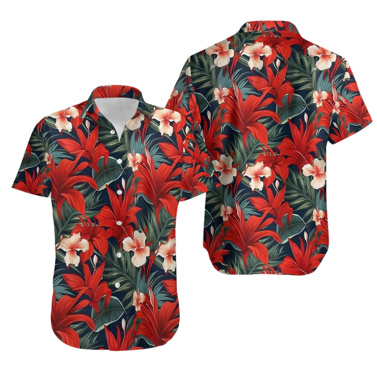 Red Tropical Floral Hawaiian Shirt | Vibrant Hibiscus Botanical Print | Lightweight Summer Beachwear | Premium Vacation Apparel For Men