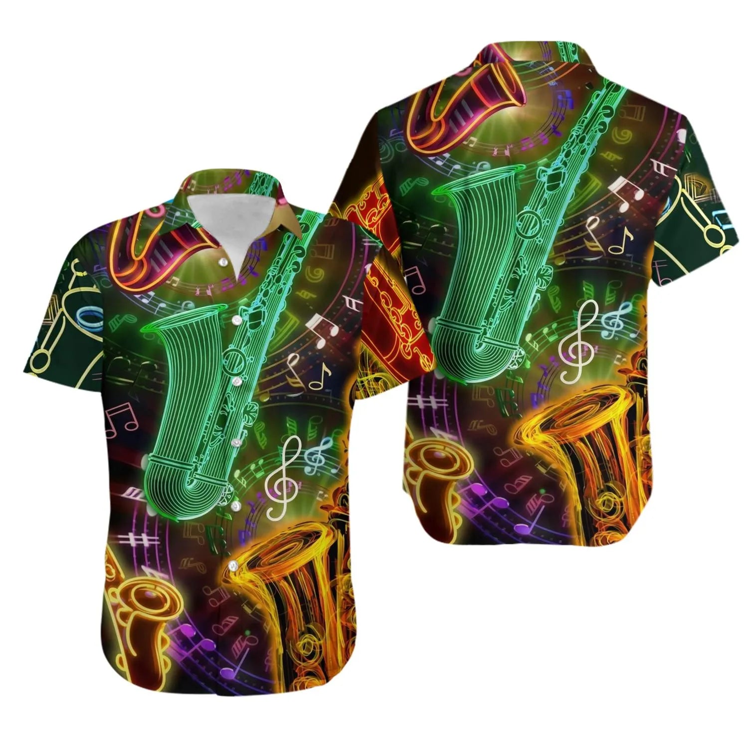 Saxophone Hawaiian Shirt | Neon Music Note Graphic Print | Premium Lightweight Camp Collar | Jazz Musician Gift for Men & Women