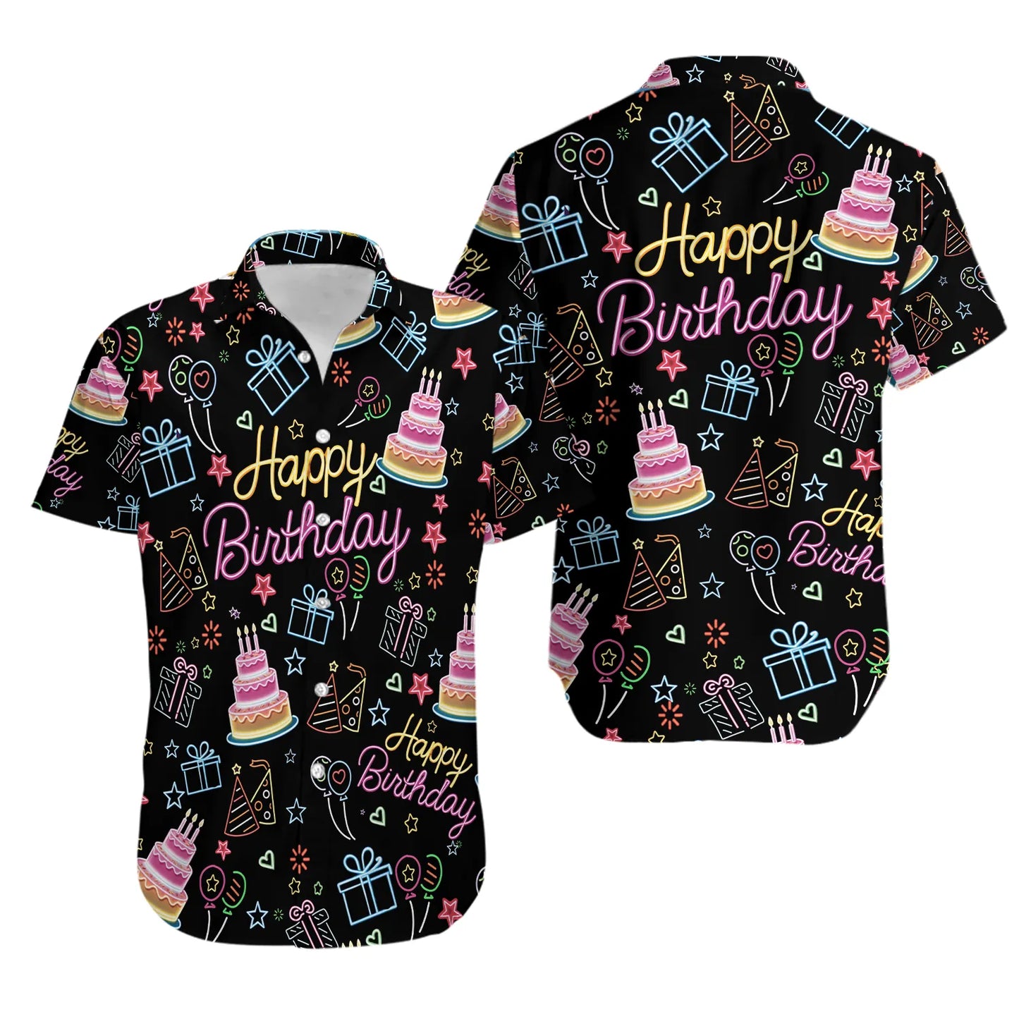 Birthday Party Hawaiian Shirt | Retro Neon Cake Graphic Print | Lightweight Summer Aloha Top | Fun Celebration Gift For Him Or Her