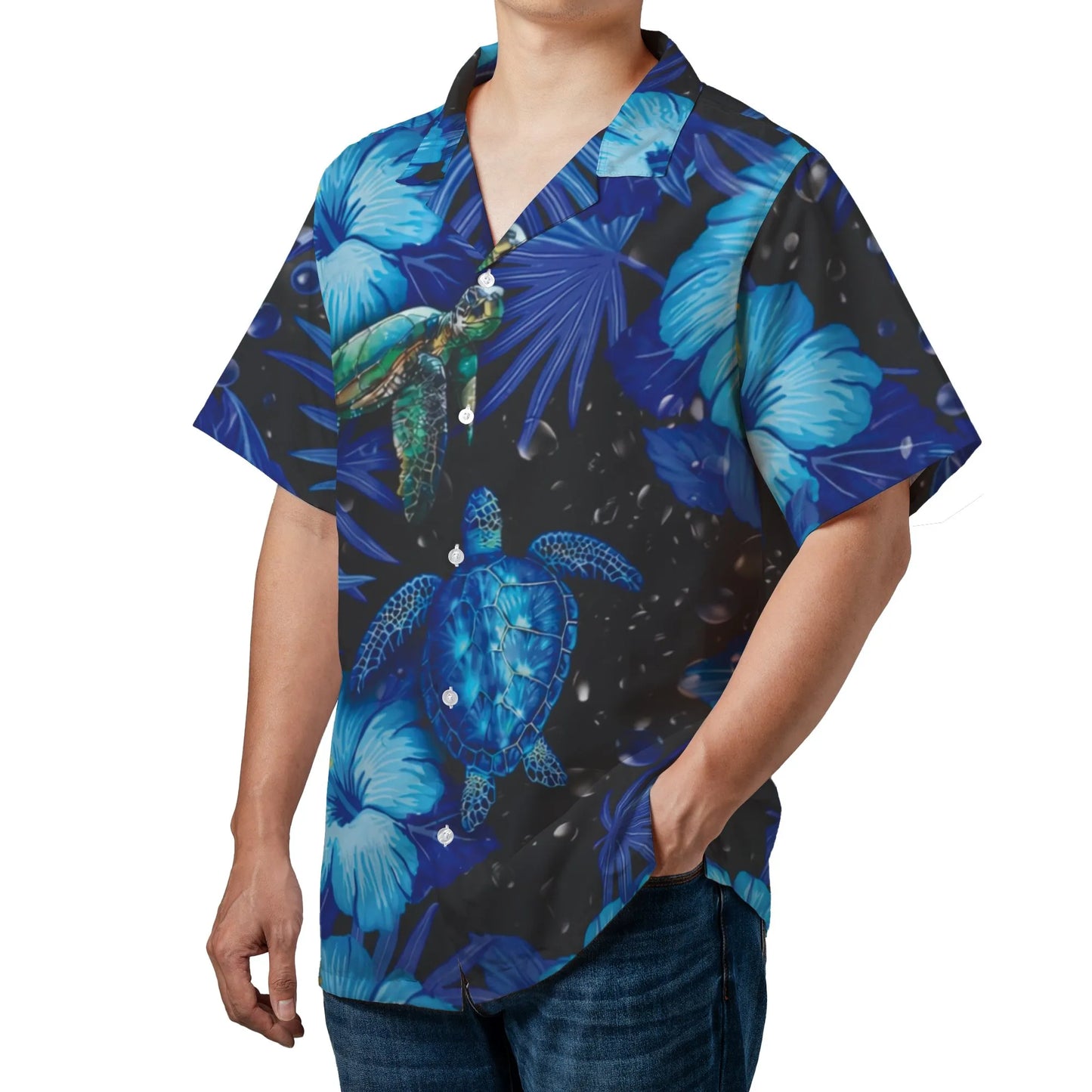 Blue Sea Turtle Hawaiian Shirt | Tropical Hibiscus Floral Print | Lightweight Breathable Fabric | Summer Beach Vacation Gift for Him