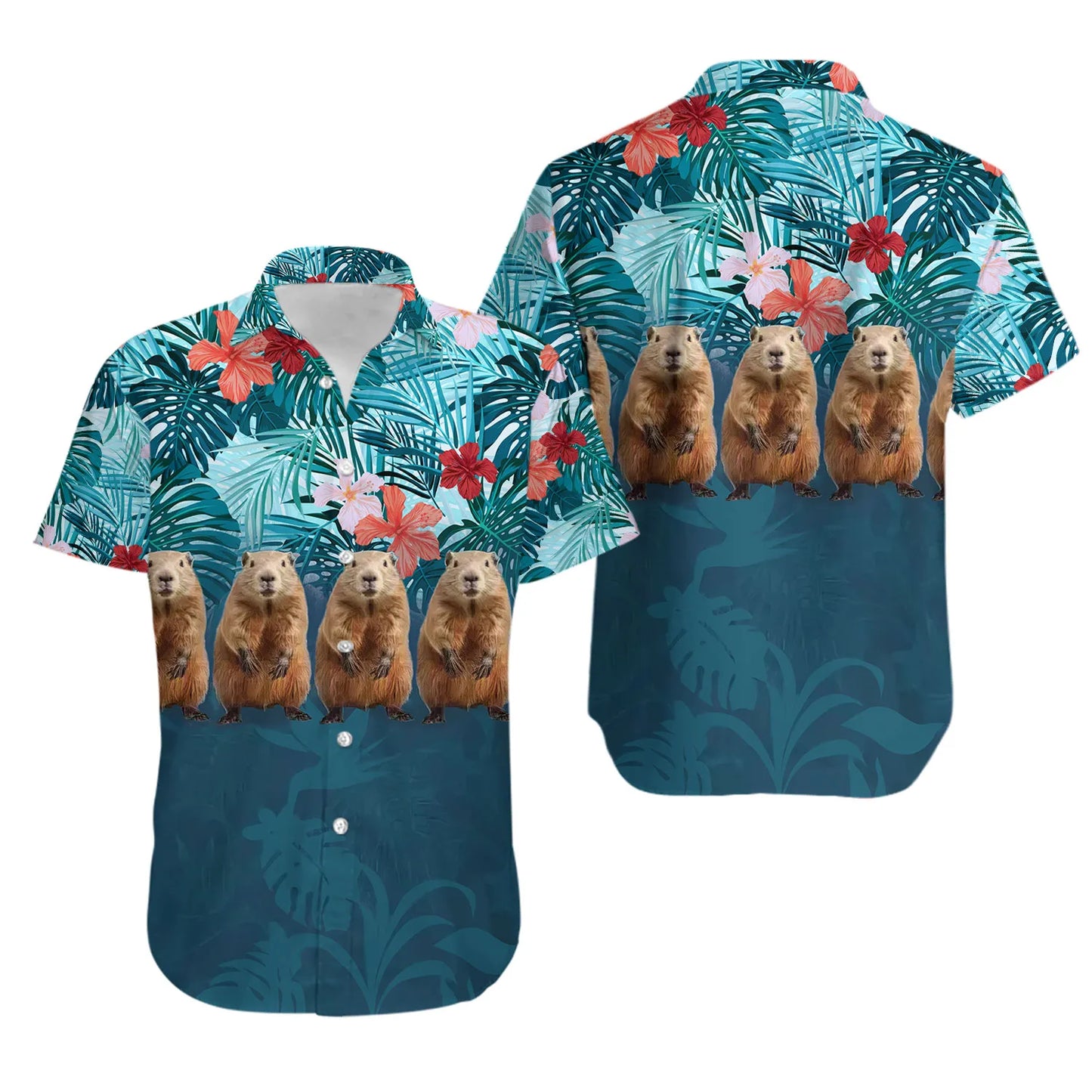 Capybara Hawaiian Shirt | Tropical Botanical Beaver Print | Lightweight Summer Beachwear | Fun Animal Lover Gift for Him
