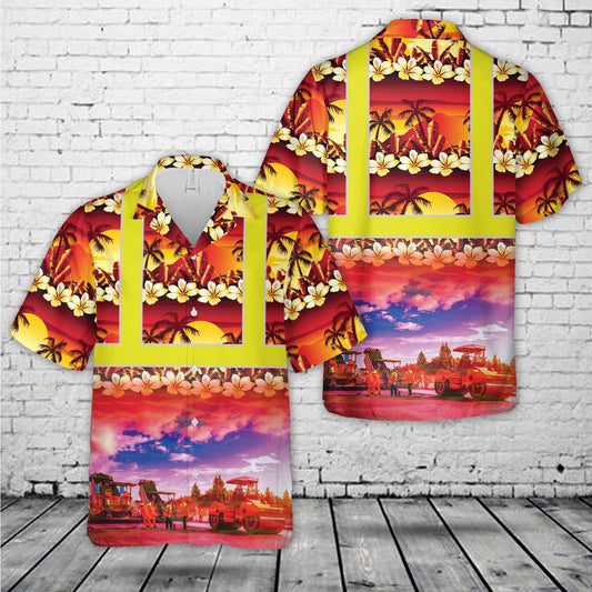 Highway Construction Hawaiian Shirt | Tropical Road Worker Print | Lightweight Summer Aloha Top | Premium Gift for Road Crew