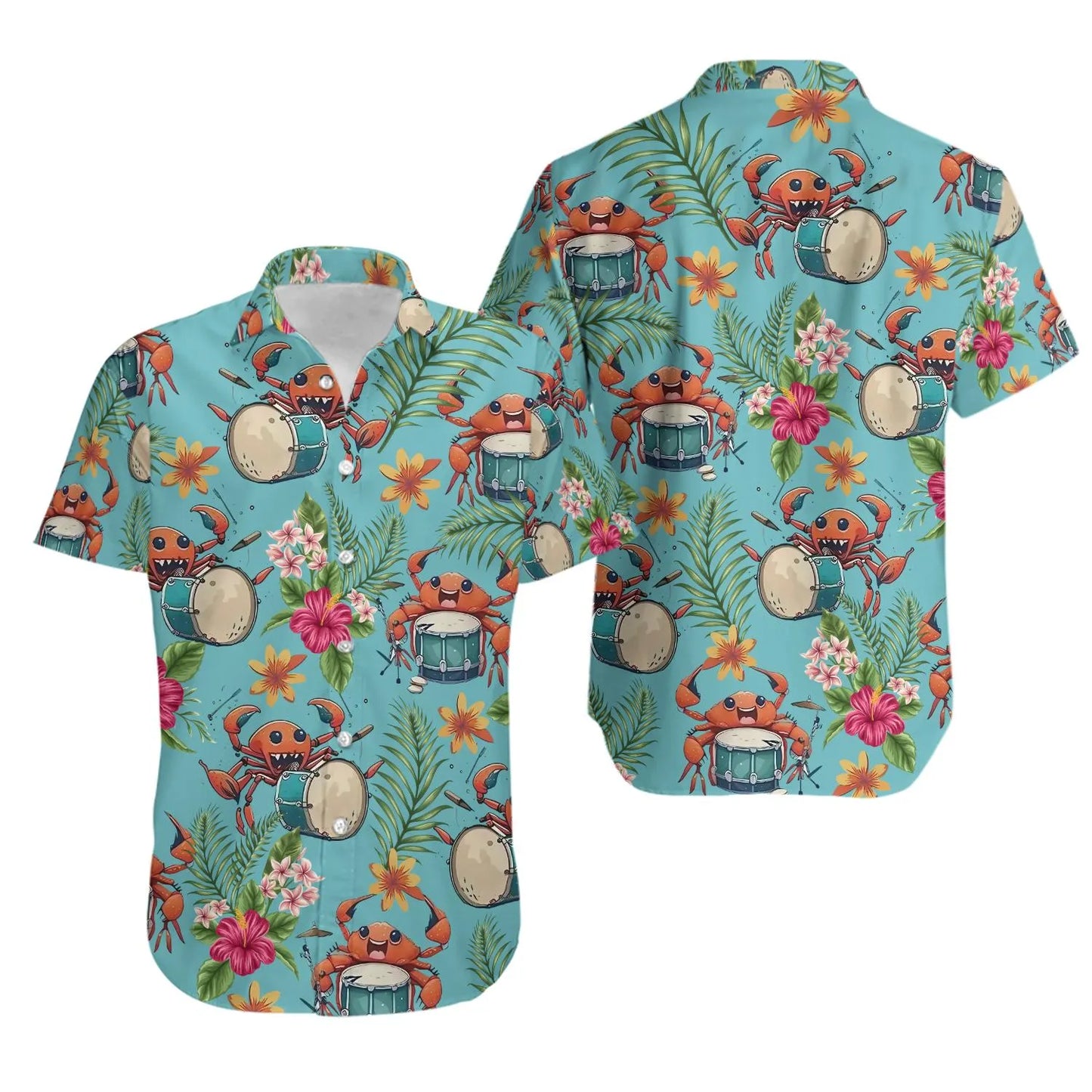 Crab Playing Drums Hawaiian Shirt | Tropical Music Graphic Print | Lightweight Summer Aloha Shirt | Gift For Musician Drummer