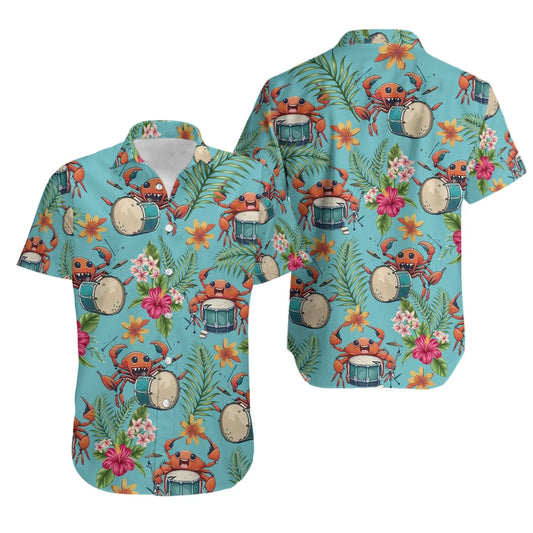 Crab Playing Drums Hawaiian Shirt | Tropical Music Graphic Print | Lightweight Summer Aloha Shirt | Gift For Musician Drummer