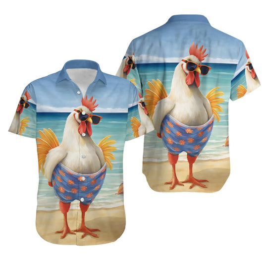 Funny Chicken Hawaiian Shirt | Cool Rooster Beach Print | Lightweight Summer Aloha Top | Gift for Poultry Lovers