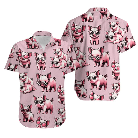 Pig Hawaiian Shirt | Cute Sunglasses Piggy Pattern | Premium Summer Aloha Top | Unisex Beach Vacation Gift