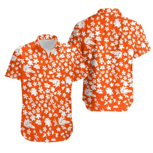Orange & White Floral Hawaiian Shirt | Vibrant Tropical Botanical Print | Lightweight 100% Polyester | Summer Beach Vacation Gift For Him