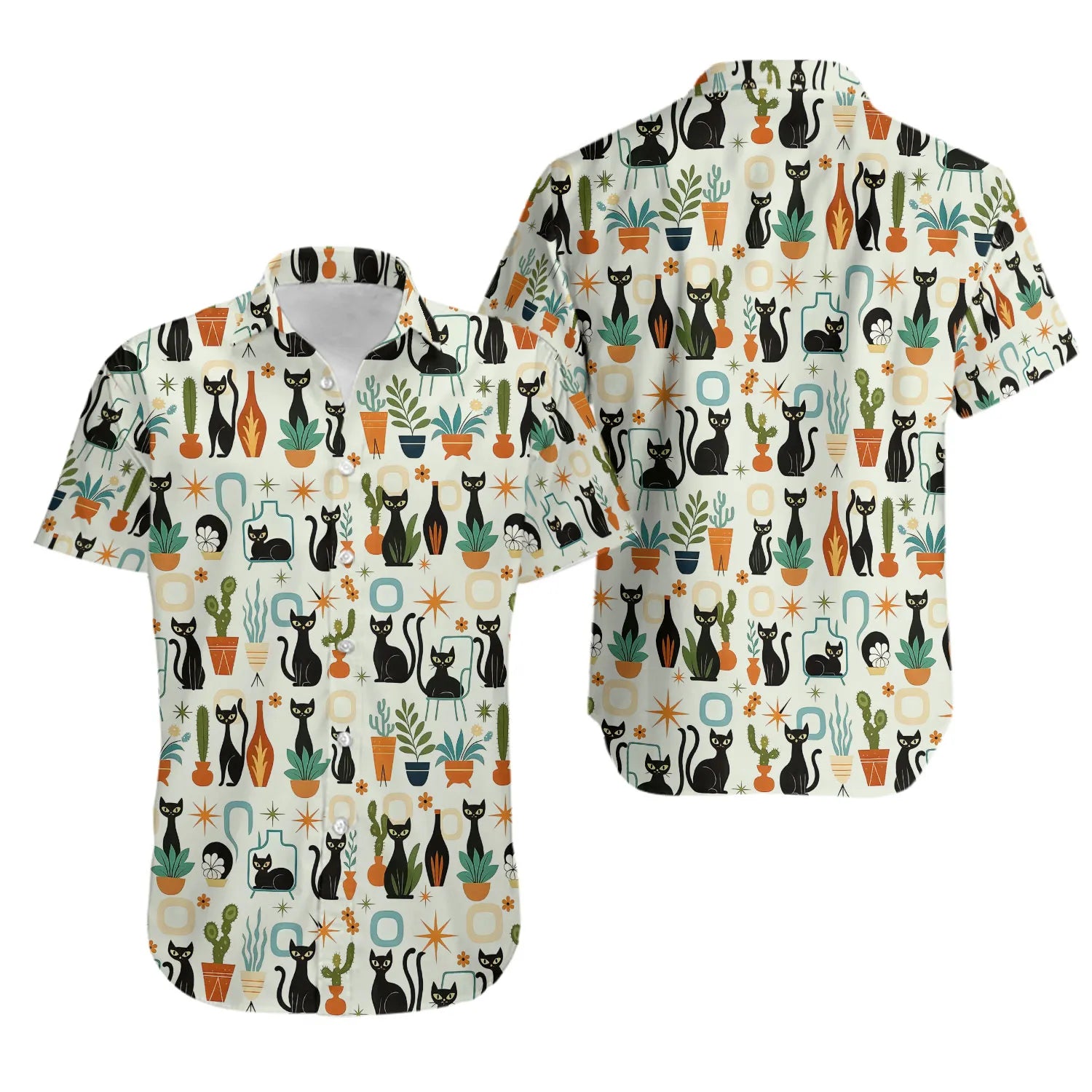 Retro Black Cat Hawaiian Shirt | Mid-Century Modern Botanical Print | Lightweight Summer Aloha Top | Unique Gift for Cat Lovers