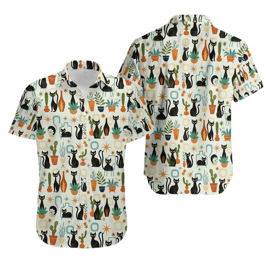 Retro Black Cat Hawaiian Shirt | Mid-Century Modern Botanical Print | Lightweight Summer Aloha Top | Unique Gift for Cat Lovers