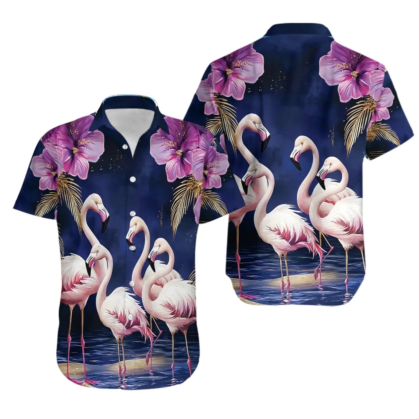 Flamingo Hawaiian Shirt | Tropical Night Floral Print | Premium Lightweight Fabric | Vacation Button-Down for Men