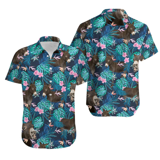 Funny Donkey Hawaiian Shirt | Tropical Floral Print | Lightweight Summer Button Down | Quirky Animal Lover Beach Gift