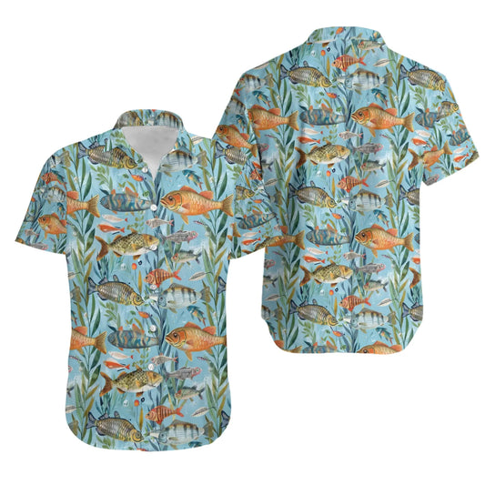 Fish Hawaiian Shirt | Watercolor Fishing Print Aloha | Lightweight Summer Apparel | Unique Gift for Fisherman & Fishing Enthusiasts