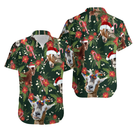 Christmas Goat Hawaiian Shirt | Festive Poinsettia Floral Pattern | Lightweight Breathable Fabric | Unique Holiday Gift For Animal Lovers