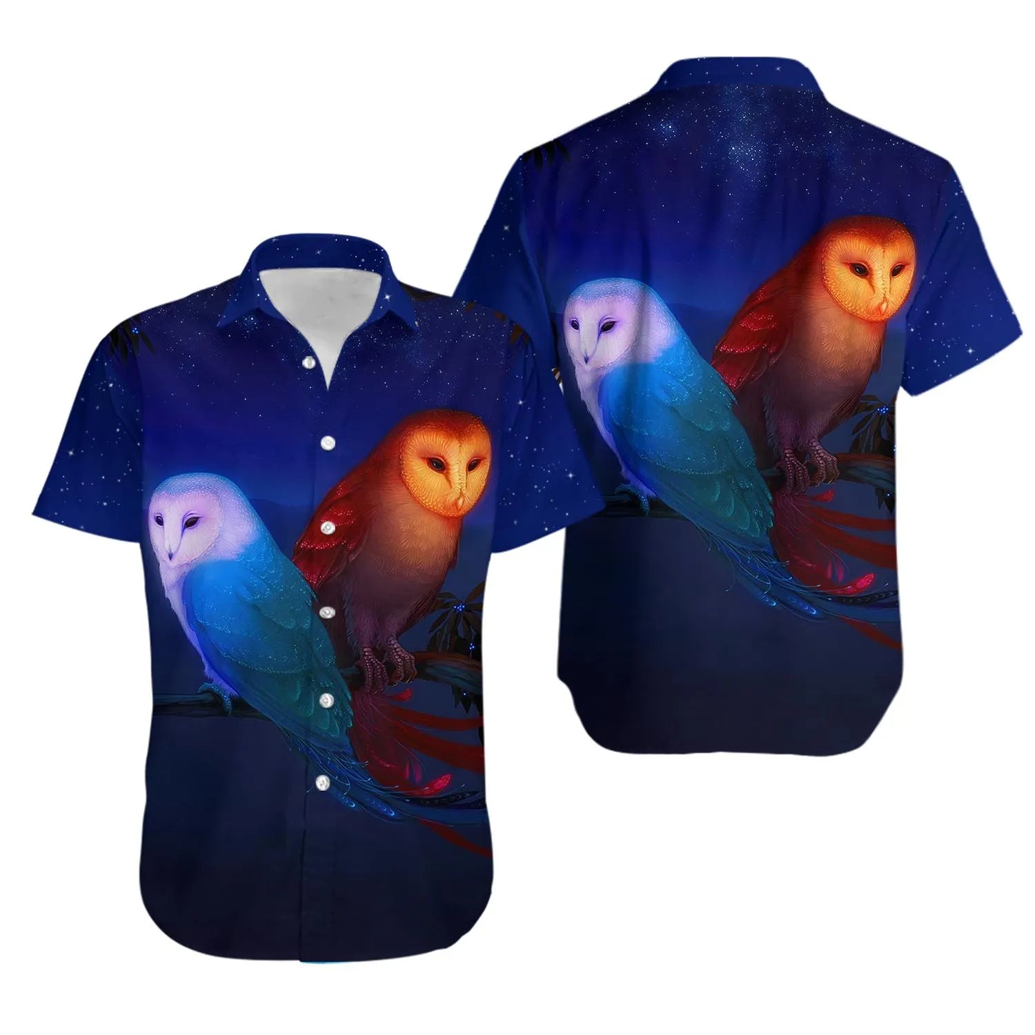 Owl Hawaiian Shirt | Celestial Night Forest Design | Premium Soft Lightweight Fabric | Unique Bird Lover Gift for Men and Women