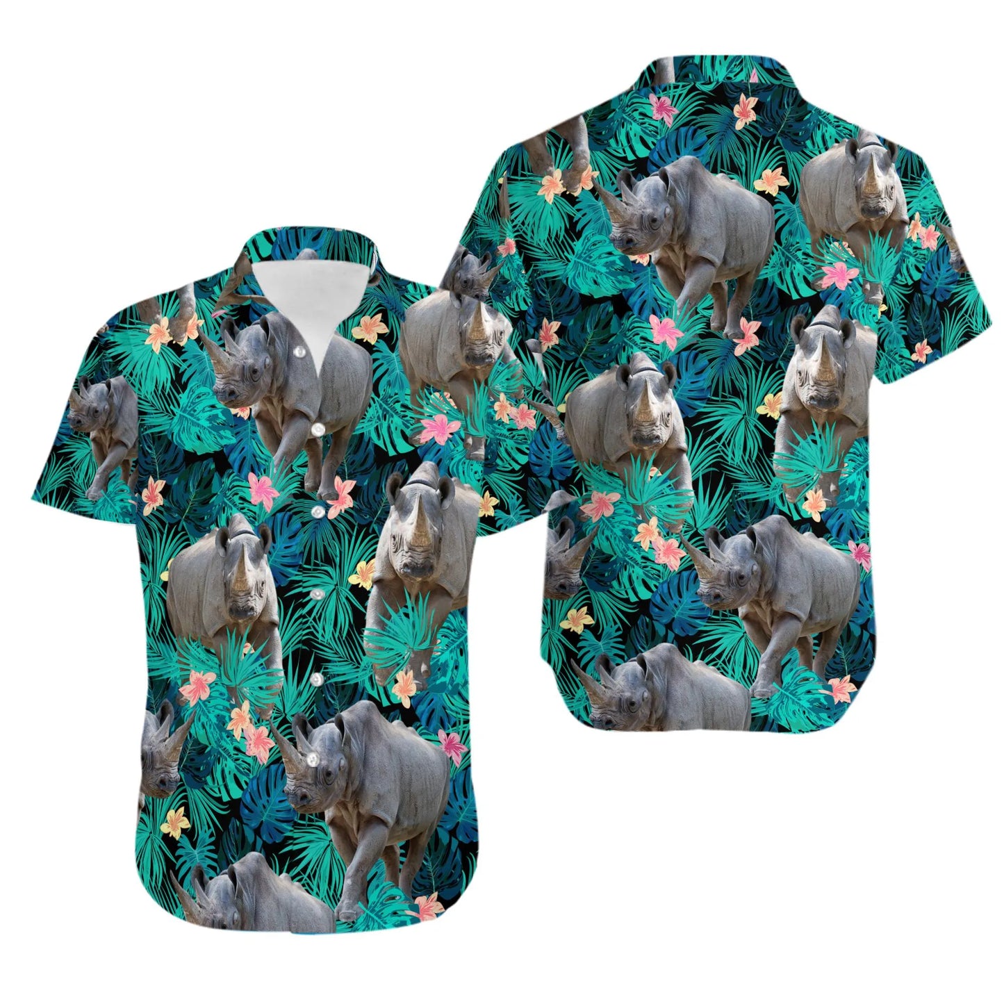 Rhinoceros Hawaiian Shirt | Tropical Botanical Floral Print | Lightweight Breathable Fabric | Summer Vacation Gift For Wildlife Lovers