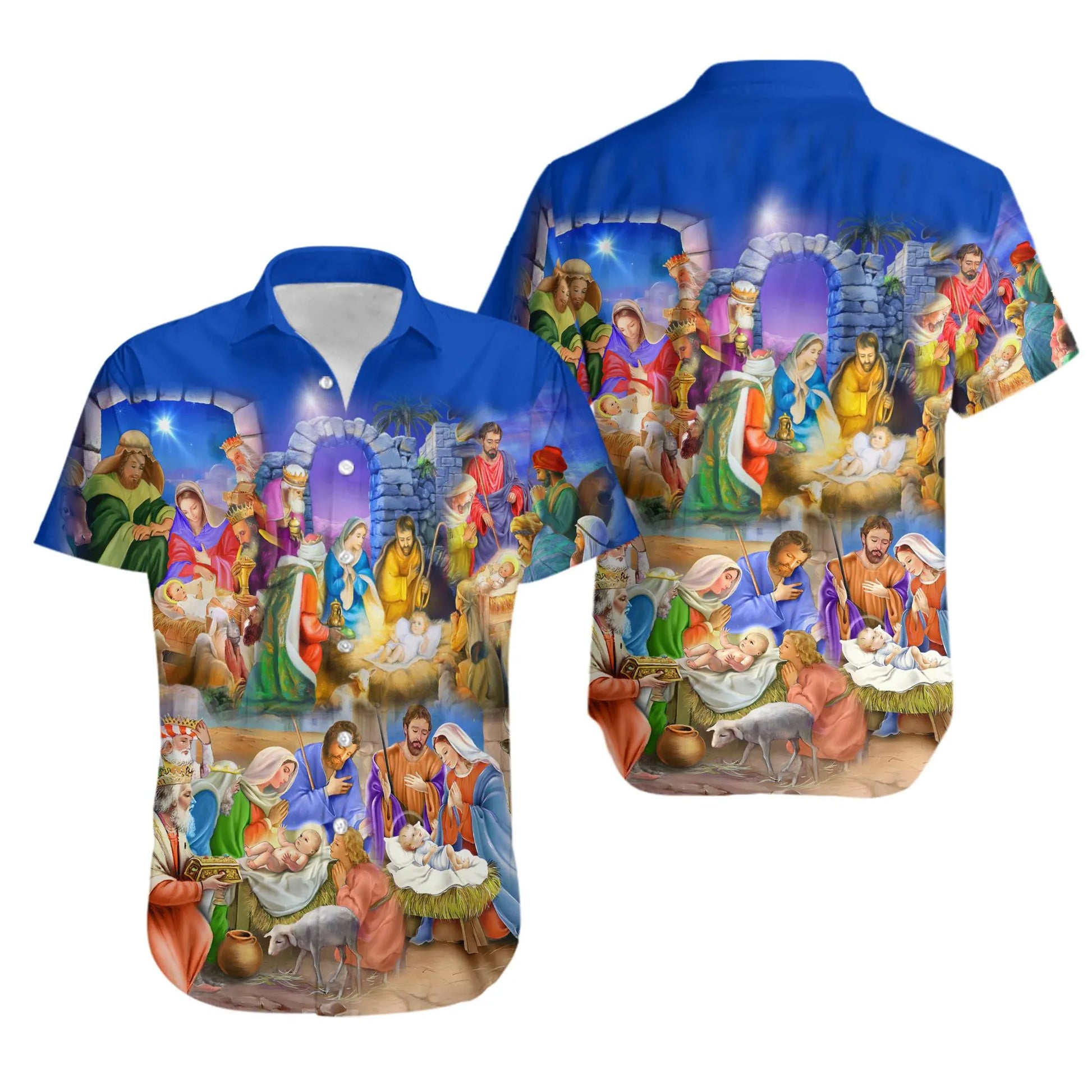 Nativity Scene Hawaiian Shirt | Religious Christmas Aloha Print | Lightweight Summer Button-Down | Christian Holiday Gift for Men and Women