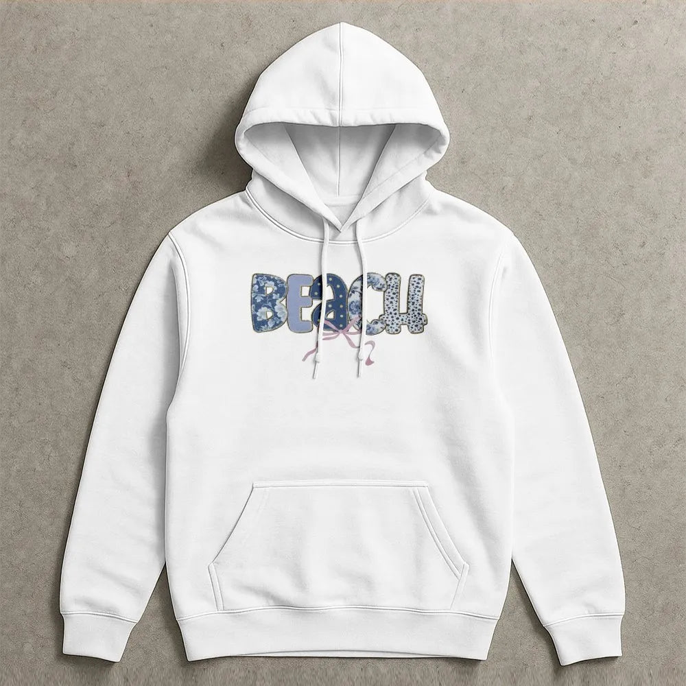 Beach Graphic Hoodie | Floral Boho Lettering & Bow Detail | Soft Cotton-Poly Blend | Cute Coastal Summer Vacation Gift for Her