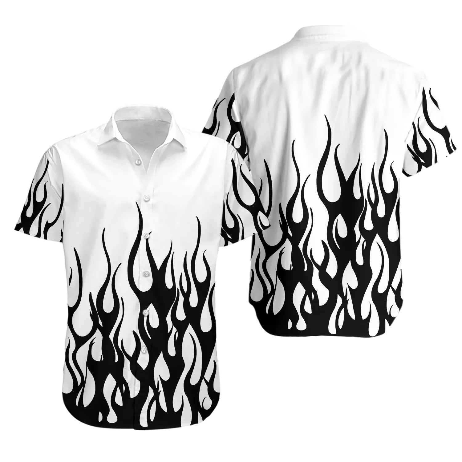 Flame Print Bowling Shirt | Retro Black and White Fire Design | Breathable Summer Fabric | Vintage Style Button Down for Men