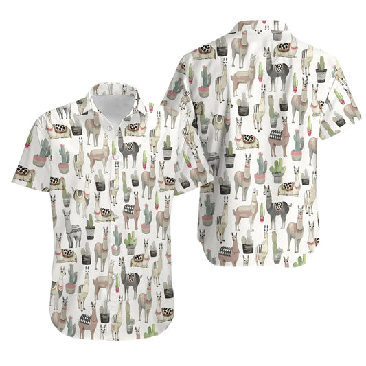 Llama Hawaiian Shirt | Desert Cactus Print | Lightweight Casual Button Down | Fun Gift for Animal Lovers