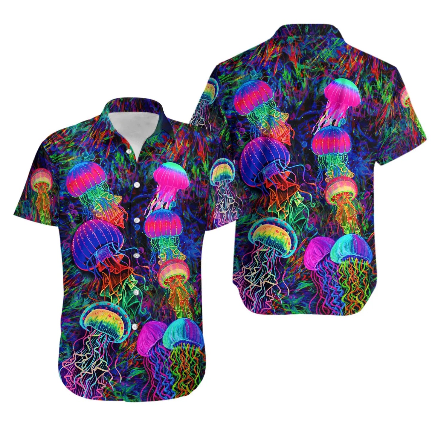 Neon Jellyfish Hawaiian Shirt | Vibrant Deep Sea Print | Lightweight Summer Aloha Wear | Gift For Ocean Lovers