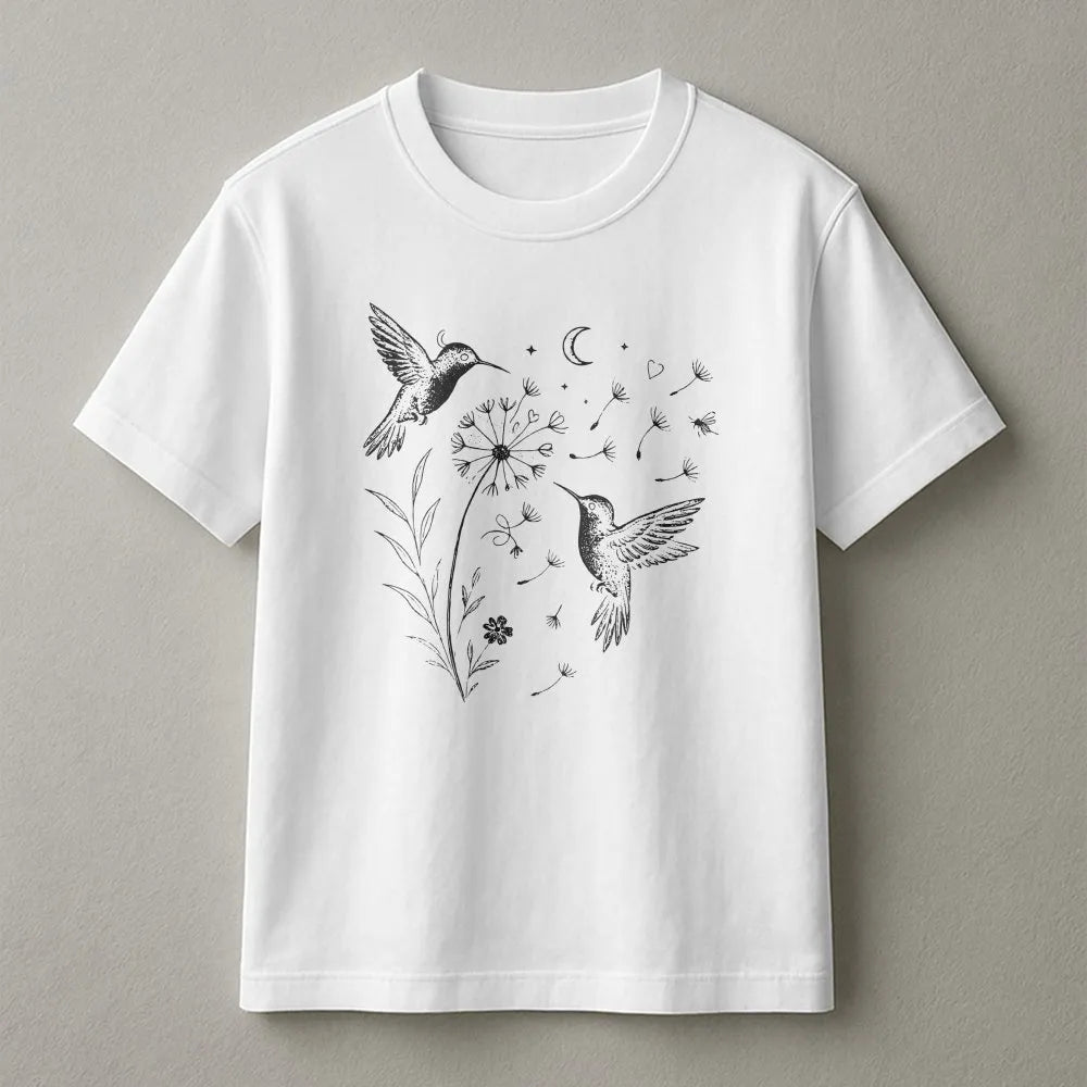Hummingbird Dandelion T-Shirt | Celestial Wildflower Graphic Art | Premium 100% Cotton | Nature Lover Gift for Women