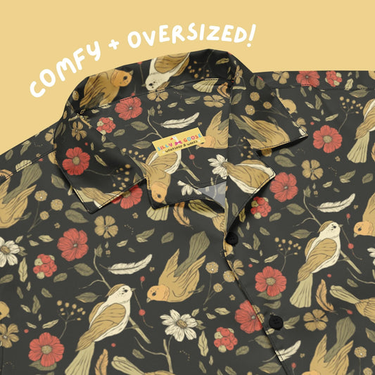 Botanical Bird Hawaiian Shirt | Feathered Folklore Graphic Print | Premium Camp Collar Button Up | Unisex Summer Vacation Gift