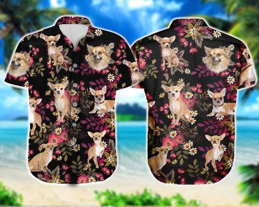 Chihuahua Hawaiian Shirt | Tropical Botanical Floral Print | Lightweight Breathable Polyester | Dog Lover Gift For Men And Women