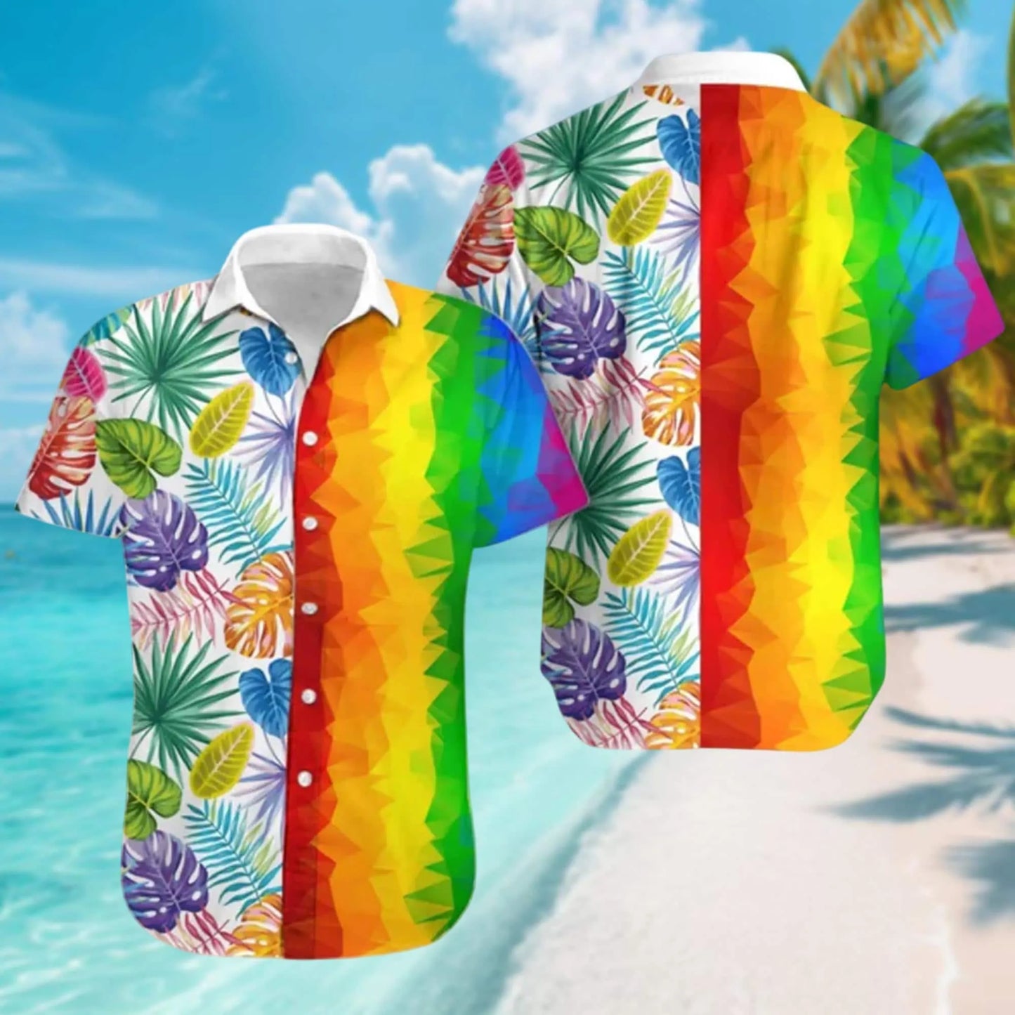 LGBT Pride Hawaiian Shirt | Rainbow Tropical Palm Leaf Print | Premium Lightweight Aloha Top | Vibrant Summer Festival Gift for All