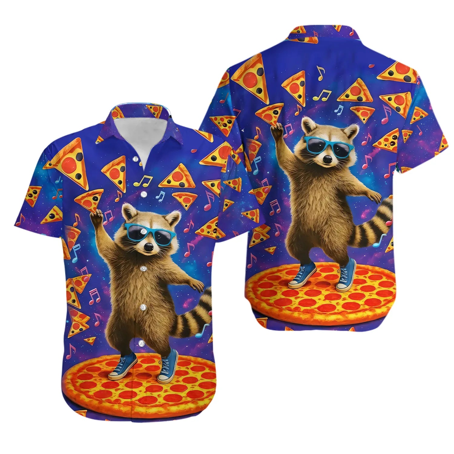 Funny Raccoon Hawaiian Shirt | Pizza Music Graphic Design | Premium Lightweight Summer Apparel | Quirky Gift for Animal Lovers