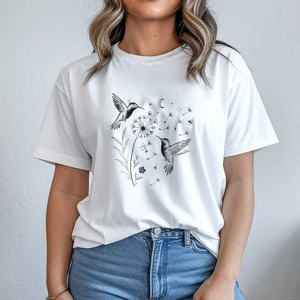 Hummingbird Dandelion T-Shirt | Celestial Wildflower Graphic Art | Premium 100% Cotton | Nature Lover Gift for Women