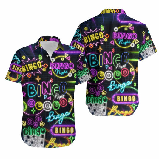 Neon Bingo Hawaiian Shirt | Vibrant Glow Game Night Print | Lightweight Summer Aloha Apparel | Fun Casino Party Button Down for Fans
