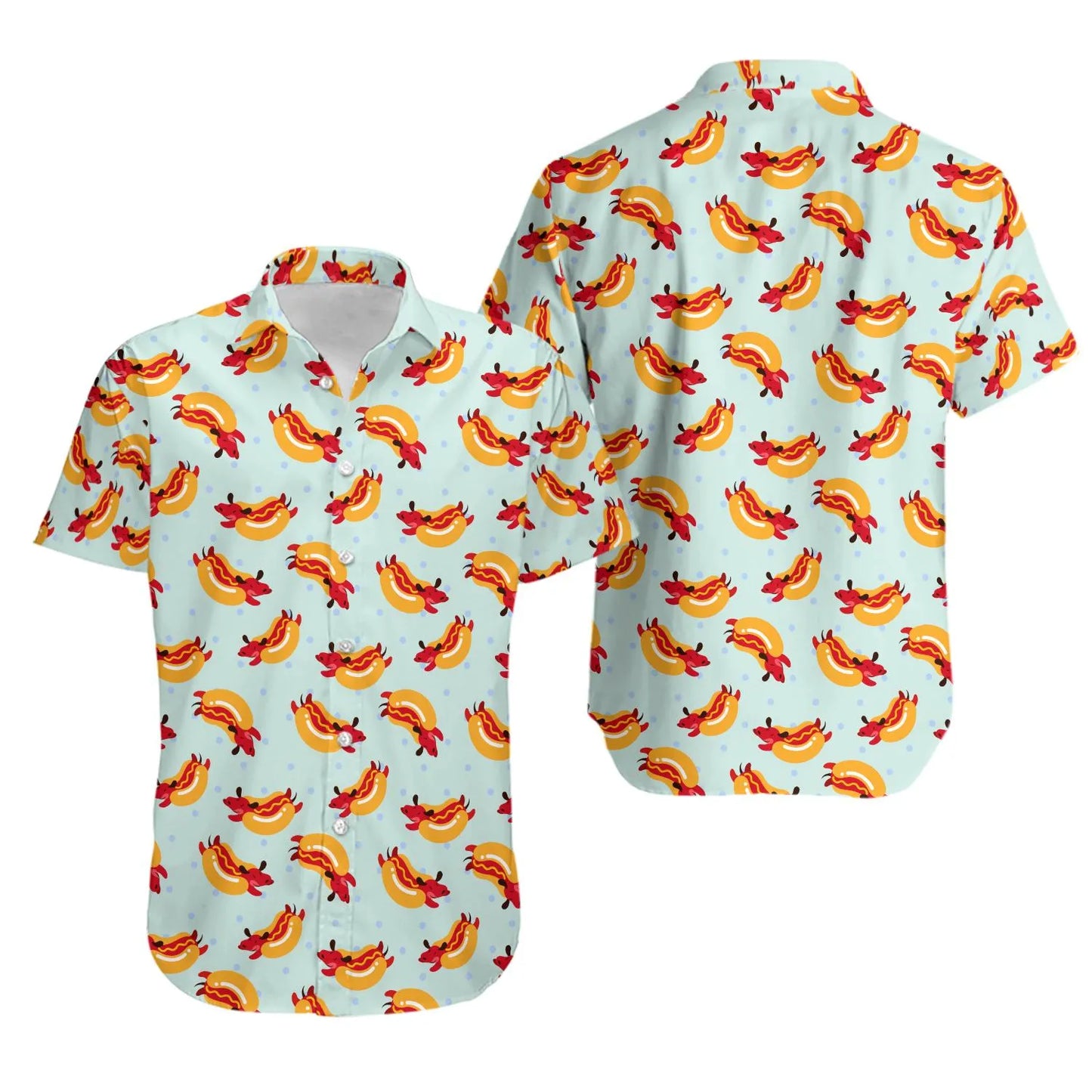 Hotdog Pattern Hawaiian Shirt | Fun Food Print Aloha Style | Lightweight Breathable Fabric | Summer Party Gift for Foodies