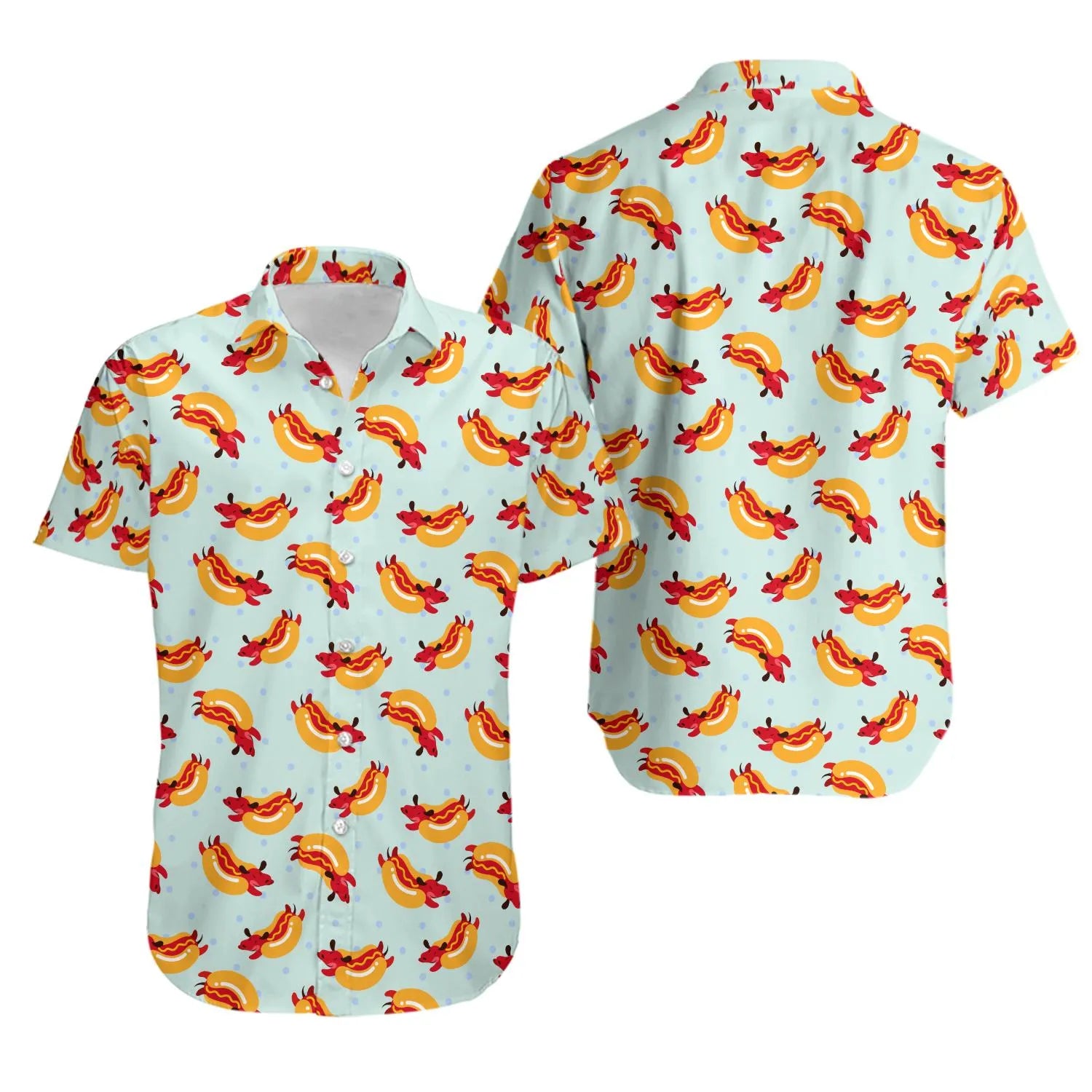 Hotdog Pattern Hawaiian Shirt | Fun Food Print Aloha Style | Lightweight Breathable Fabric | Summer Party Gift for Foodies