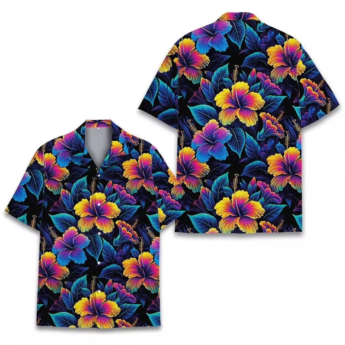 Hibiscus Hawaiian Shirt | Neon Floral Print Button Down | Premium Lightweight Summer Apparel | Unisex Tropical Beach Gift for Adults