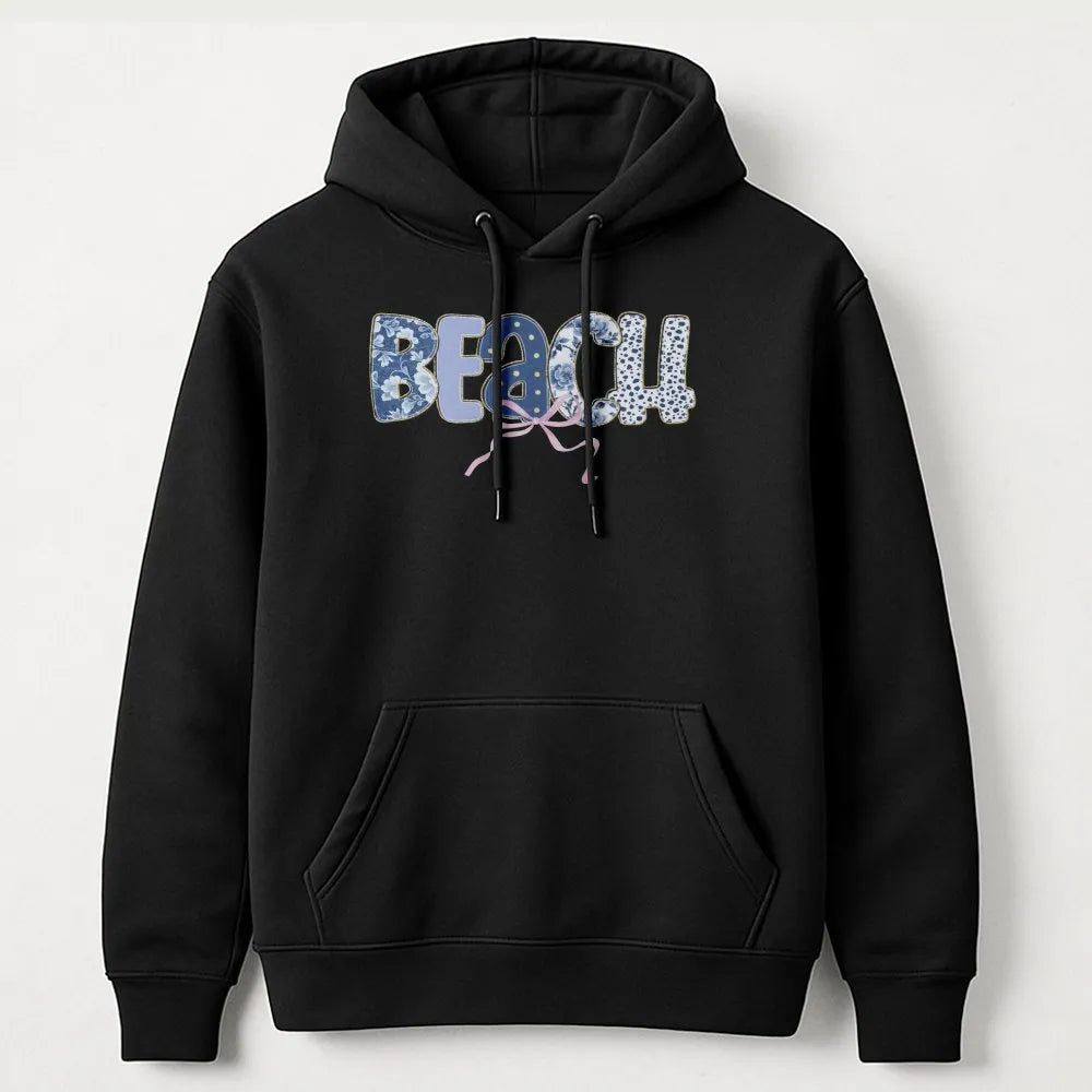 Beach Graphic Hoodie | Floral Boho Lettering & Bow Detail | Soft Cotton-Poly Blend | Cute Coastal Summer Vacation Gift for Her