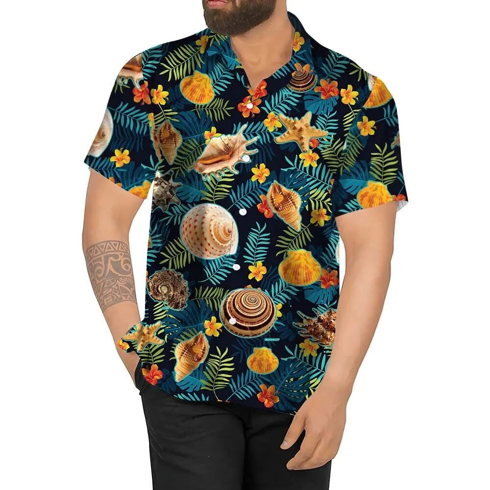 Seashell Hawaiian Shirt | Tropical Beach Print | Premium Soft Summer Fabric | Unisex Vacation Button Down