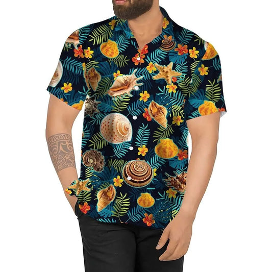 Seashell Hawaiian Shirt | Tropical Beach Print | Premium Soft Summer Fabric | Unisex Vacation Button Down