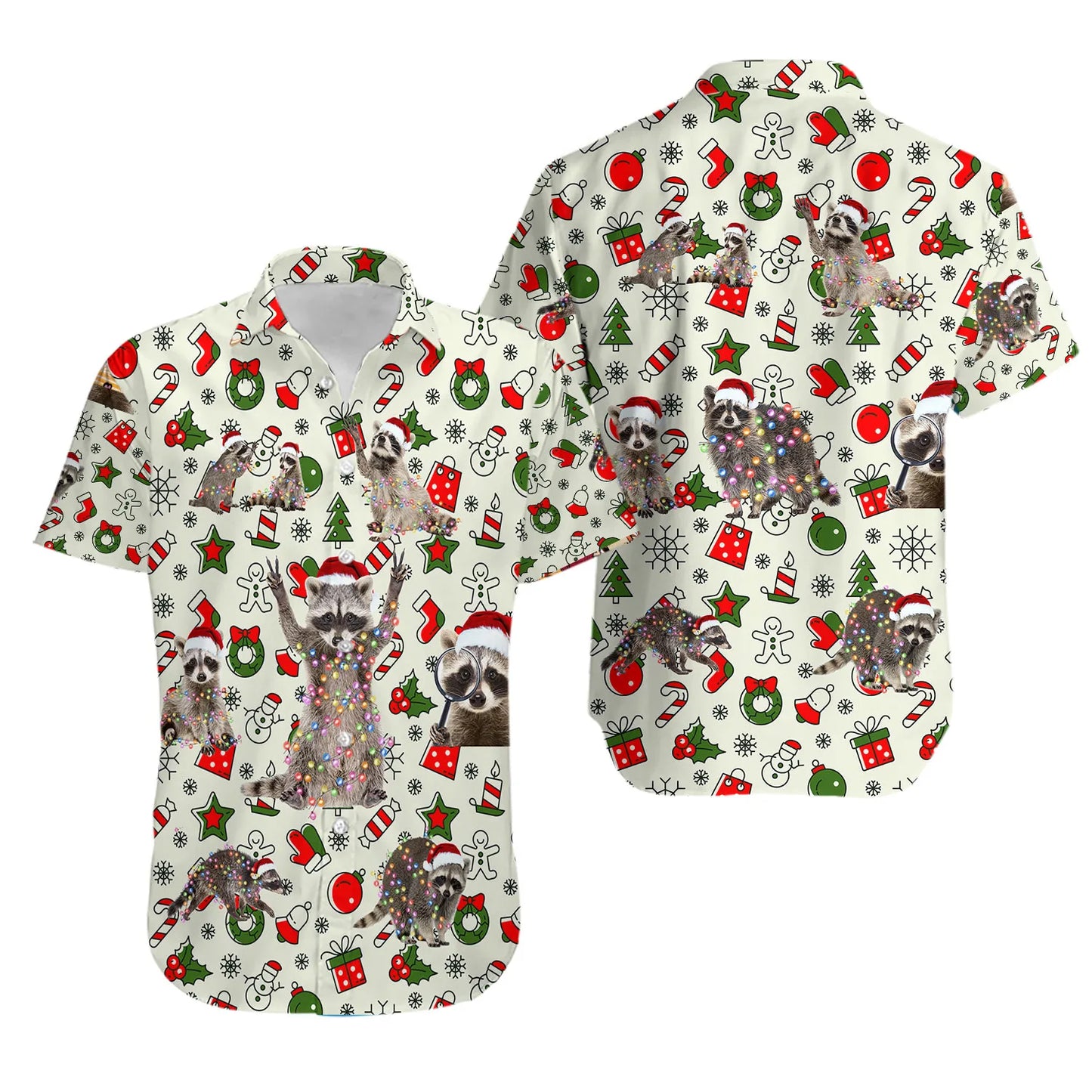 Christmas Raccoon Hawaiian Shirt | Festive Holiday Wildlife Print | Lightweight Casual Button Down | Fun Xmas Gift for Animal Lovers