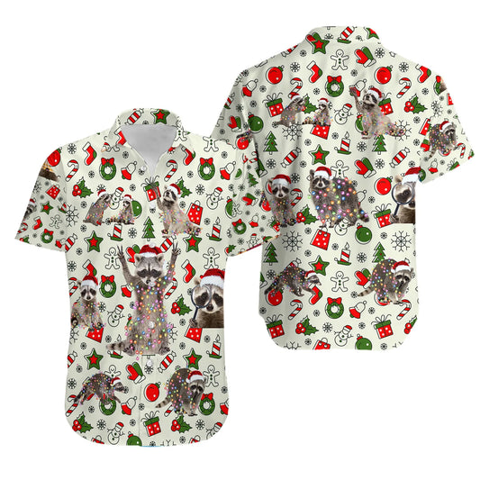Christmas Raccoon Hawaiian Shirt | Festive Holiday Wildlife Print | Lightweight Casual Button Down | Fun Xmas Gift for Animal Lovers
