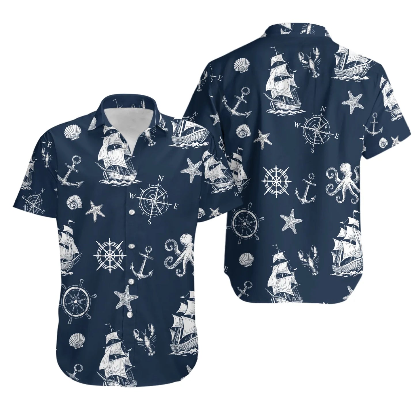Nautical Hawaiian Shirt | Navy Blue Ship Anchor Print | Breathable Summer Fabric | Coastal Vacation Outfit Gift